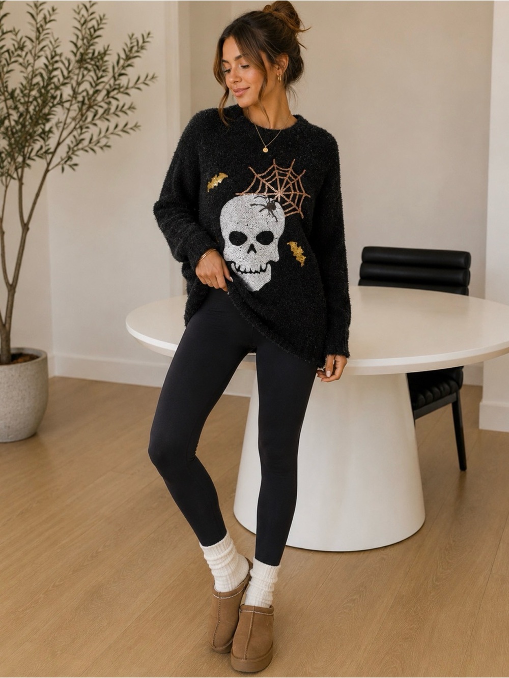 Black Skull & Spiderweb Crewneck Sweater - Casual Halloween Knit Size Medium